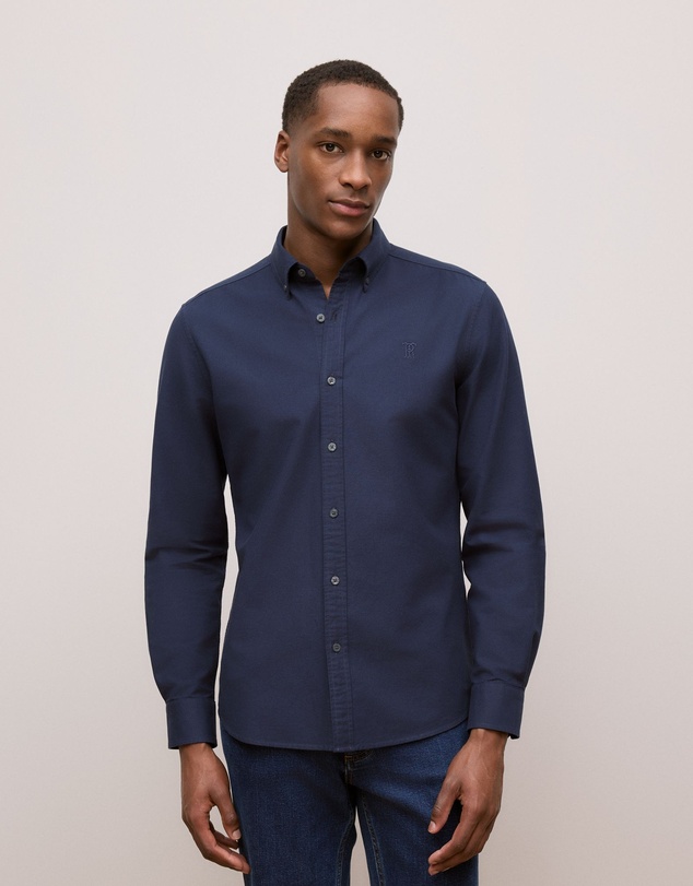 Trenery - Tailored Fit Cotton Monogram Oxford Shirt in Navy