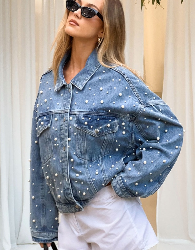 Beginning Boutique - Denim Dazzle Pearl Mid Wash Denim Jacket