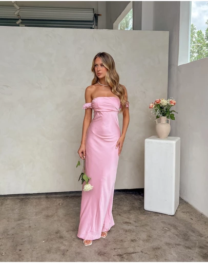 Beginning Boutique - Elvira Pink Satin Formal Maxi Dress