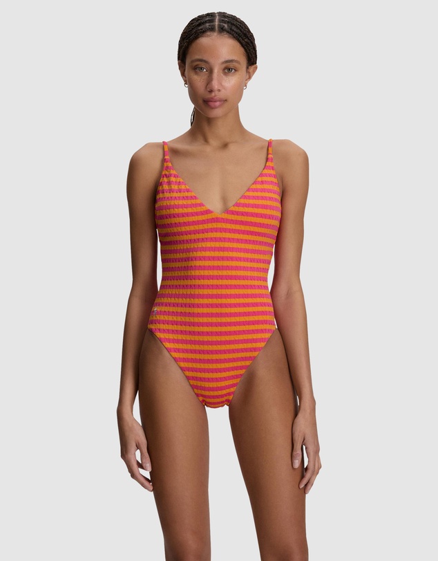 Polo Ralph Lauren - Stripe Cable-Motif V Neck One-Piece Swimsuit