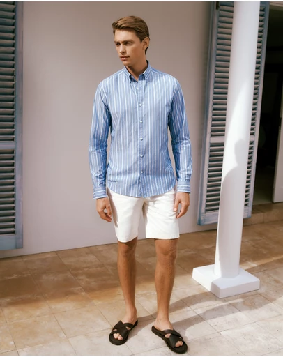 Trenery - Regular Fit Poplin Stripe Long Sleeve Shirt in Dusty Blue
