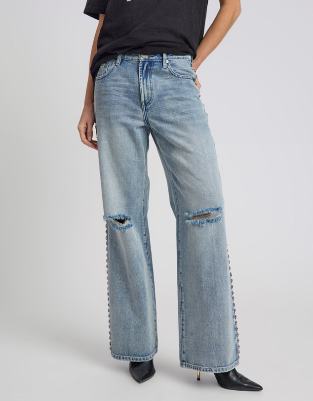 ONE TEASPOON - 25th Anniversary Jackson Mid Waist Wide Leg Studded Denim Jeans - Salty Dog