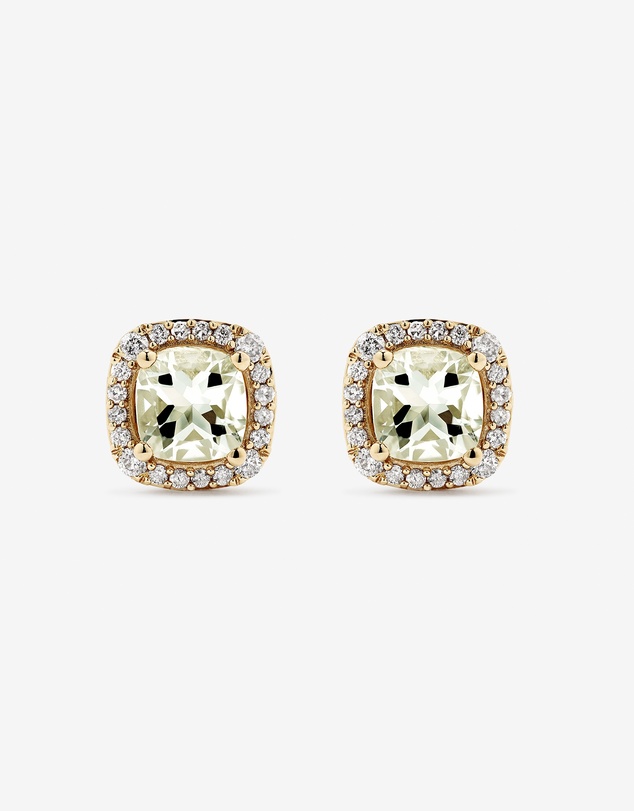 Michael Hill - Cushion Cut Green Amethyst Gemstone and 0.32 Carat TW Diamond Halo Stud Earrings in 10kt Yellow Gold