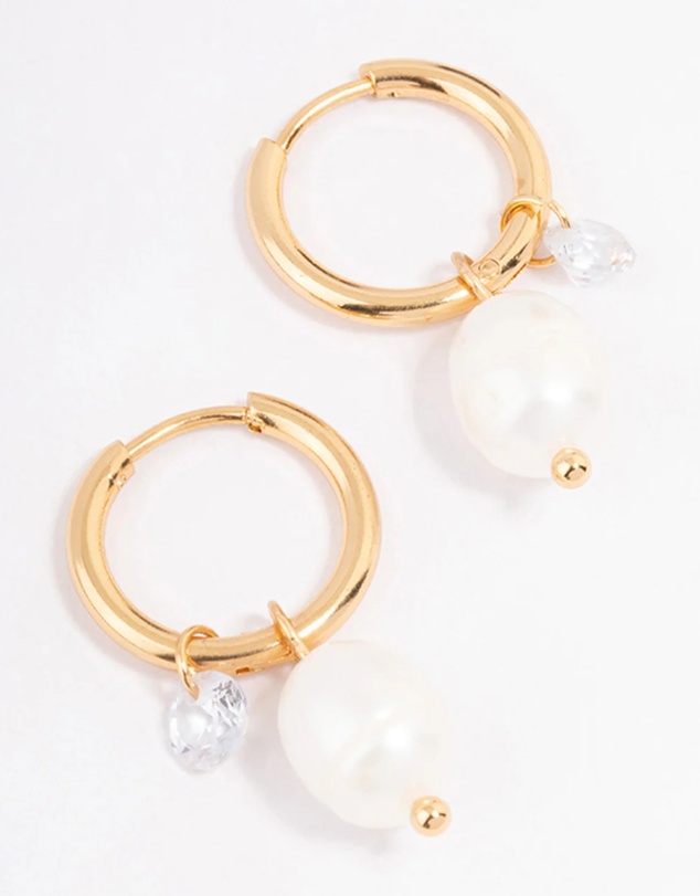 Lovisa - Waterproof Gold Plated Stainless Steel Classic Freshwater Pearl & Cubic Zirconia Huggie Earrings