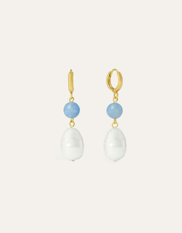 Ottoman Hands - Dawn Blue Chalcedony and Pearl Drop Huggie Earrings