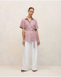 Trenery - Linen End On End Stripe Belted Shirt in Light Pink