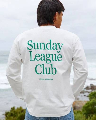 Budgy Smuggler - White Long Sleeve Tee with Sunday League Club
