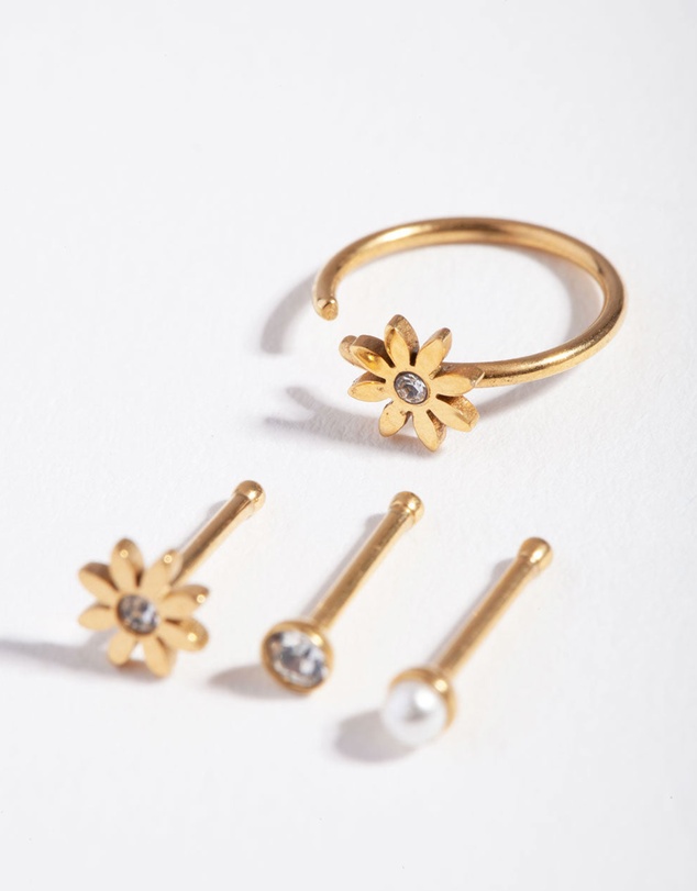 Lovisa - Surgical Steel Gold Flower Pearl Nose Stud 4-Pack