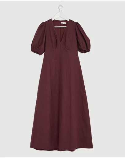 Revibe - Repaired AERE Lori Puff Sleeve Linen Midi Dress - AU 8