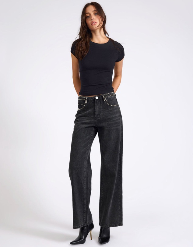 ONE TEASPOON - Jackson Mid Waist Wide Leg Studded Denim Jeans - Black