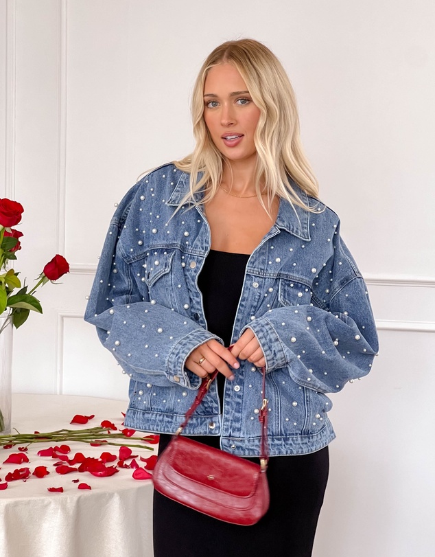 Beginning Boutique - Denim Dazzle Pearl Mid Wash Denim Jacket