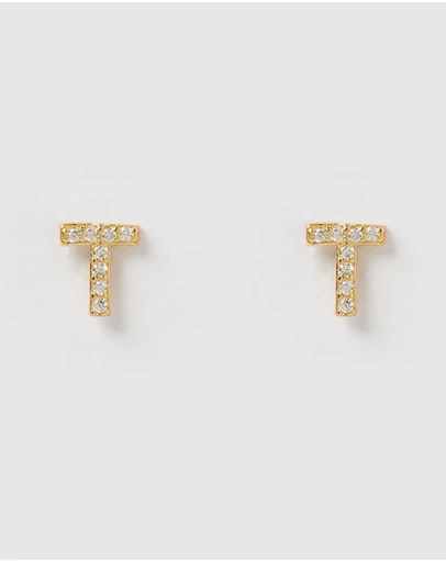 Izoa - Alphabet Mini Letter T Stud Earrings Gold