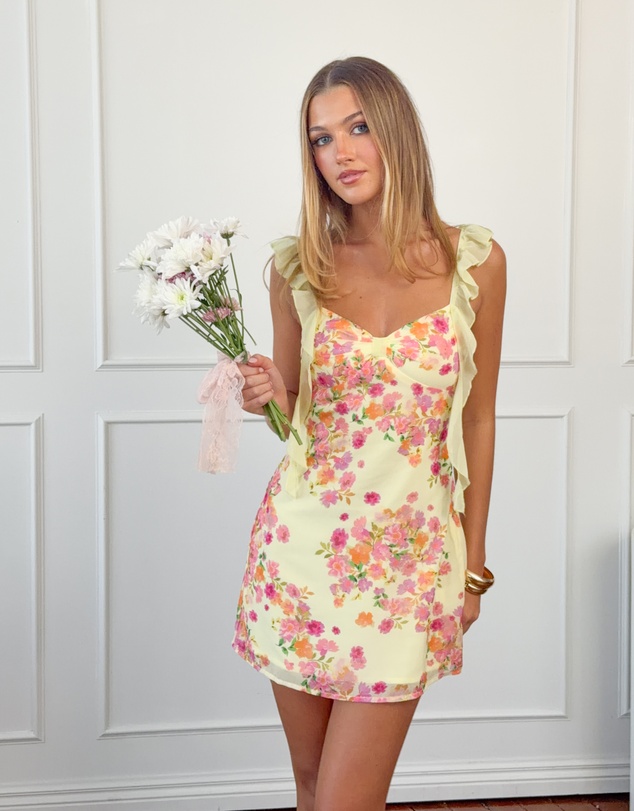Beginning Boutique - Joyce Yellow Bloom Chiffon Mini Dress