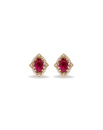 Michael Hill - Oval Cut Created Ruby and Diamond Halo Stud Earrings in 10kt Yellow Gold