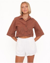 Petal & Pup - Williams Cropped Eyelet Button Up Shirt - Brown