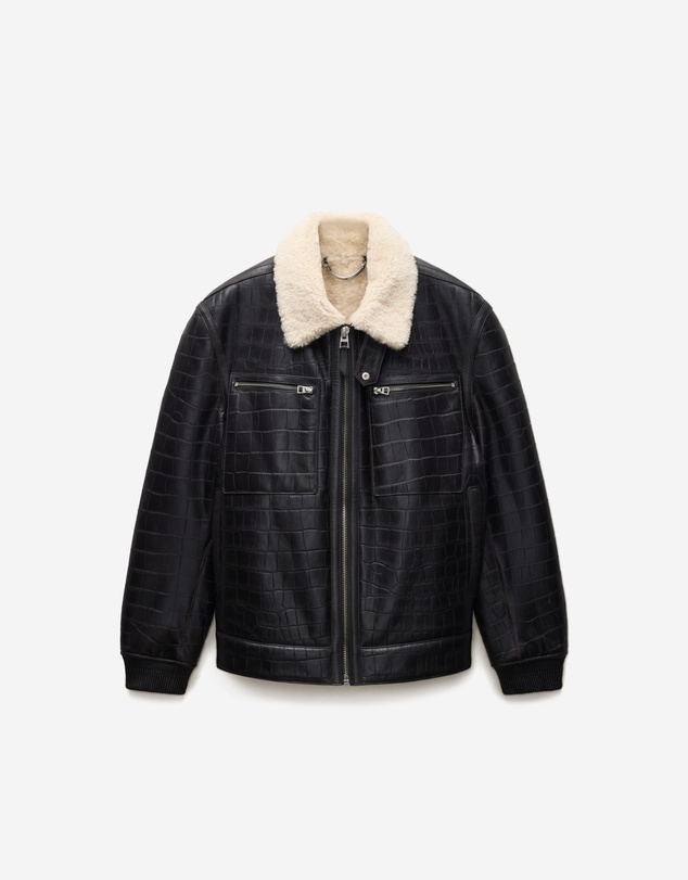 Calibre - Croc Embossed Leather Shearling Jacket Chocolate