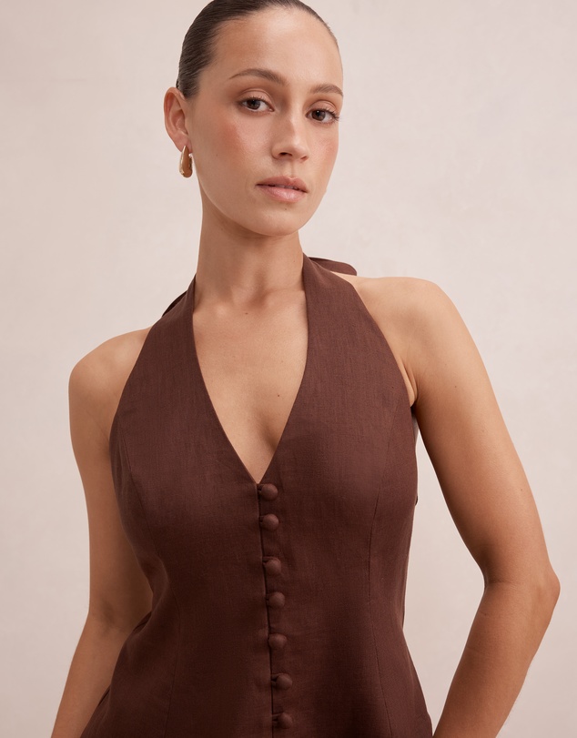 Forever New Petite - Ina Petite Halter Neck Linen Mini Dress