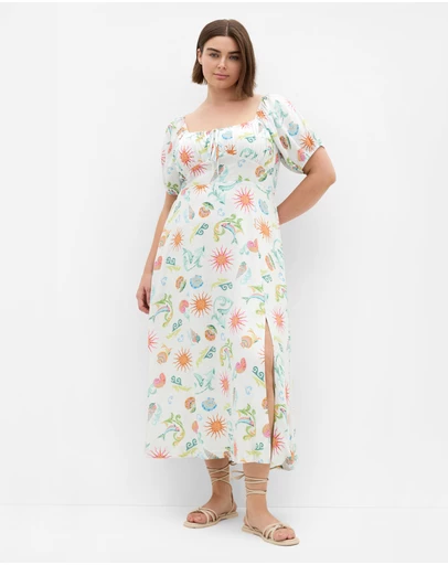 City Chic - Plus size Abbie Short Sleeve Ocean Print Maxi Dress - white