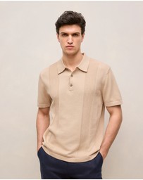 Trenery - Mercerised Cotton Rib Detail Knit Polo in Sand