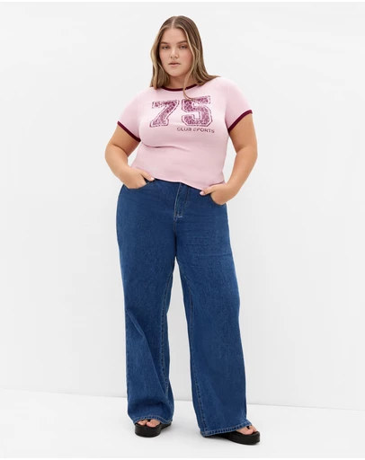 City Chic - Plus size Micro Score Print Tee - baby pink