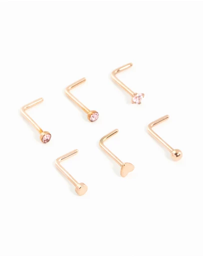 Lovisa - Rose Gold Plated Surgical Steel Heart & Diamante Nose Studs 6-Pack