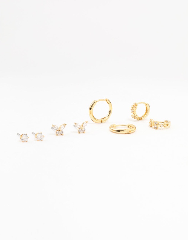 Lovisa - Gold Plated Brass Pave Star & Butterfly Earrings 4-Pack