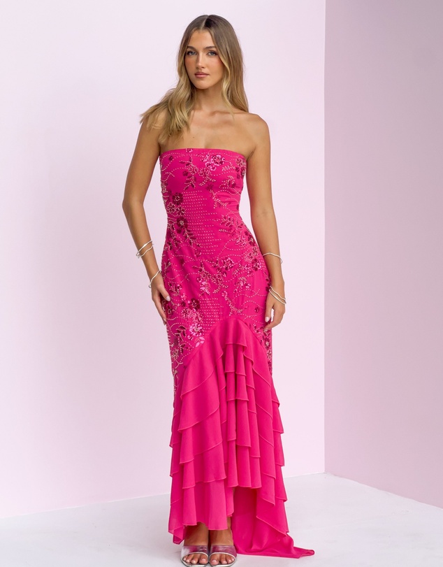 Beginning Boutique - Khai Pink Ruffle Maxi Scarf Beaded Dress