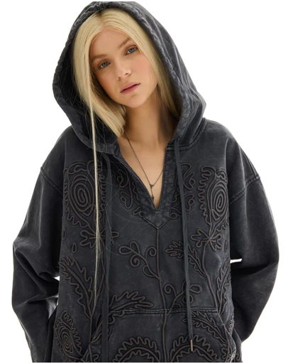 THE TALES - Textured Flower Embroidered Hoodie Jacket