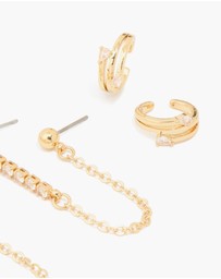 Lovisa - Gold Plated Brass Cubic Zirconia Chain Earrings & Ear Cuffs 3-Pack