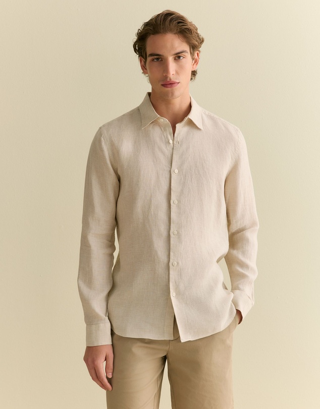 Trenery - Tailored Fit Basketweave Linen Shirt in Barley