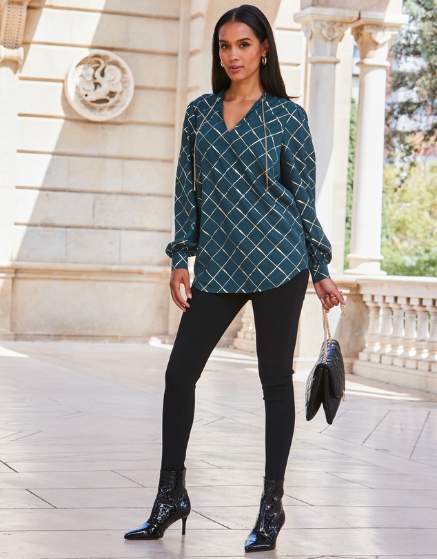 Sosandar - Check Print Chain Lace Up Blouse