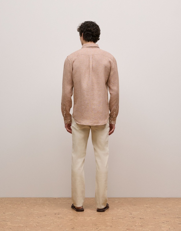 Trenery - Regular Fit Yarn Dyed Linen Grid Shirt in Camel