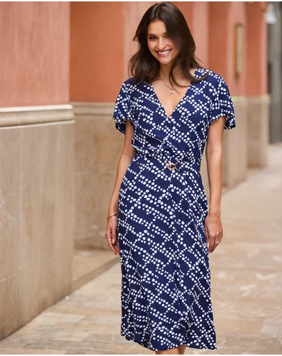 Sosandar - Spot Print Flutter Sleeve Belted Fit & Flare Dress