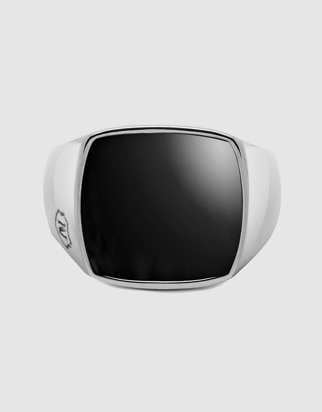 Nialaya Jewellery - Men's Silver Signet Ring with Onyx