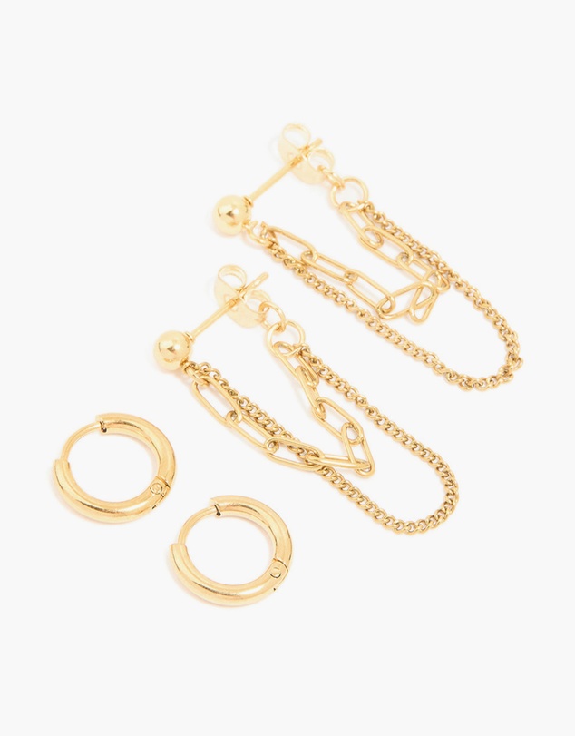 Lovisa - Waterproof Gold Plated Stainless Steel Classic Chain Earrings & Huggie Earrings 2-Pack