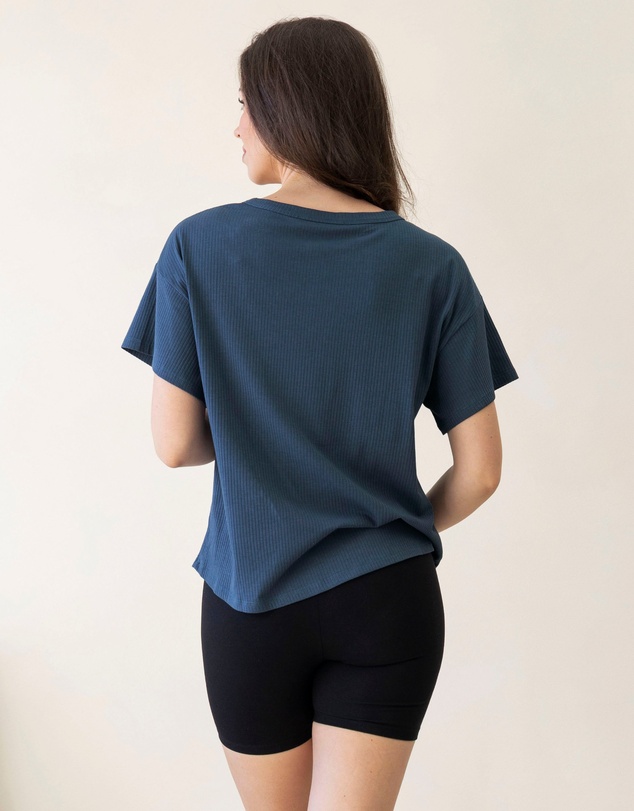 Angel Maternity - Simple Classic Ribbed Button Short Sleeve Top In Slate Blue