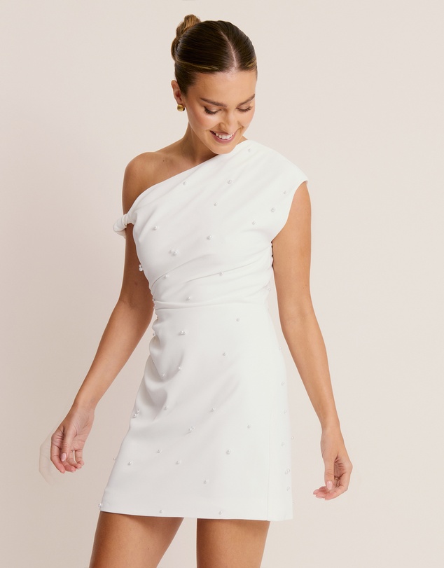Six Stories - Pearl Trim Asymmetric Bardot Mini Dress