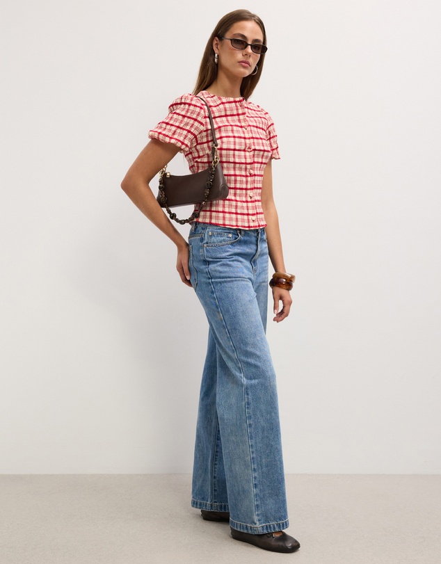 The Fated - Adela Check Puff Sleeve Top