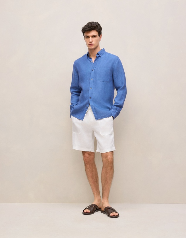 Trenery - Regular Fit Delave Linen Long Sleeve Shirt in Mineral Blue