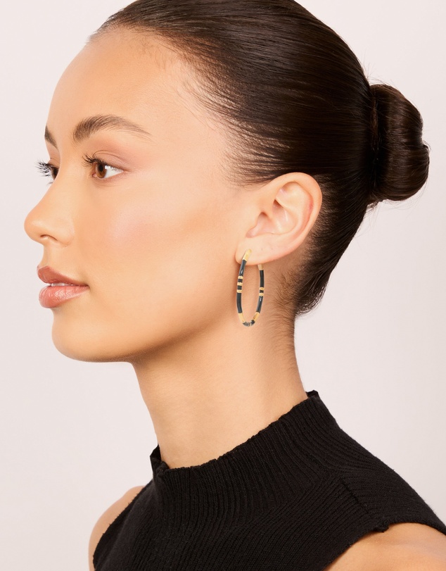 Lovisa - Waterproof Gold Plated Stainless Steel Black Enamel Striped Hoop Earrings