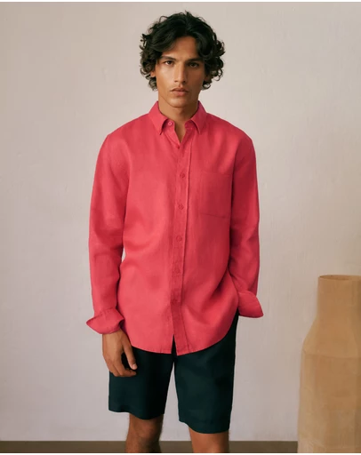 Trenery - Regular Fit Linen Classic Long Sleeve Shirt in Crimson