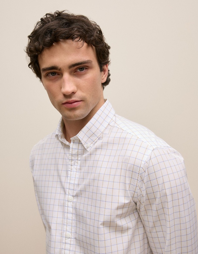 Trenery - Regular Fit Poplin Grid Long Sleeve Shirt in White