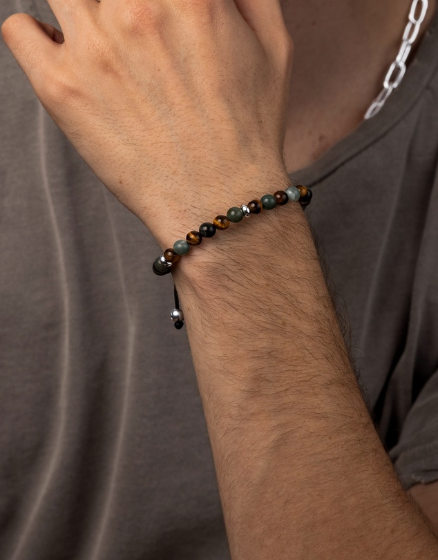 Nialaya Jewellery - Men's Beaded Bracelet with Aquatic Agate, Brown Tiger Eye and Silver