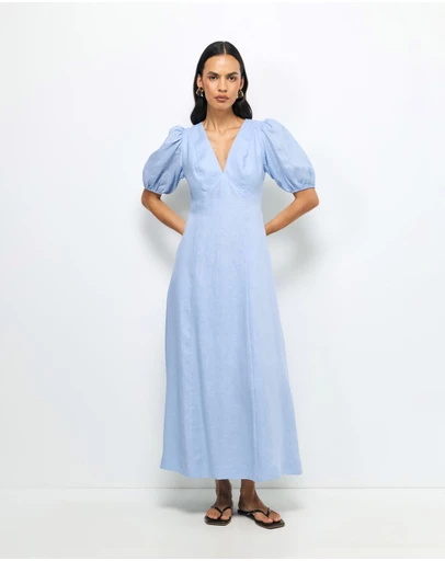 AERE - Lori Puff Sleeve Linen Midi Dress