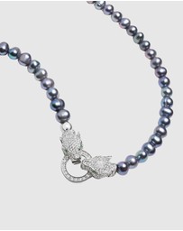 Nialaya Jewellery - Black Pearl Choker with Double Panther Head in Silver