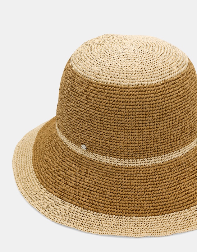 Morgan & Taylor - Stella Crochet Straw Bucket Hat in Tan Brown and Beige Stripe