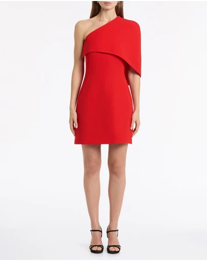 Carla Zampatti - Red Crepe One Shoulder Capelet Mini Dress