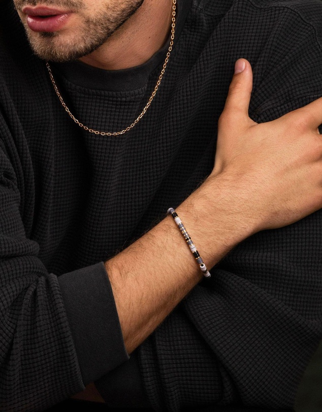 Nialaya Jewellery - Men's Beaded Bracelet with Grey and Gold Disc Beads
