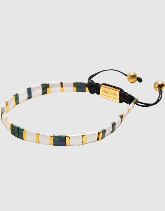 Nialaya Jewellery - Men's Bracelet With White, Patina Green And Gold Miyuki Tila Beads