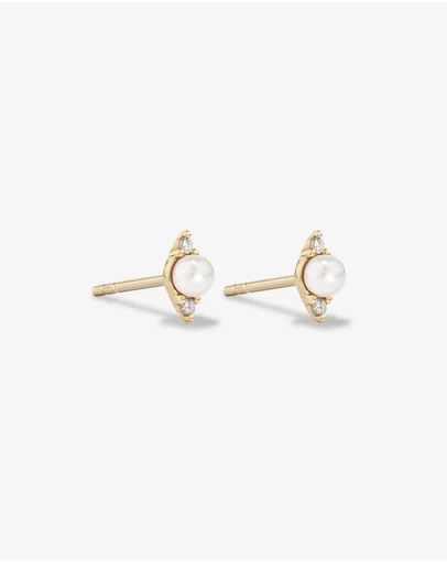 Michael Hill - Three Stone Cultured Freshwater Pearl and Diamond Stud Earrings in 10kt Yellow Gold